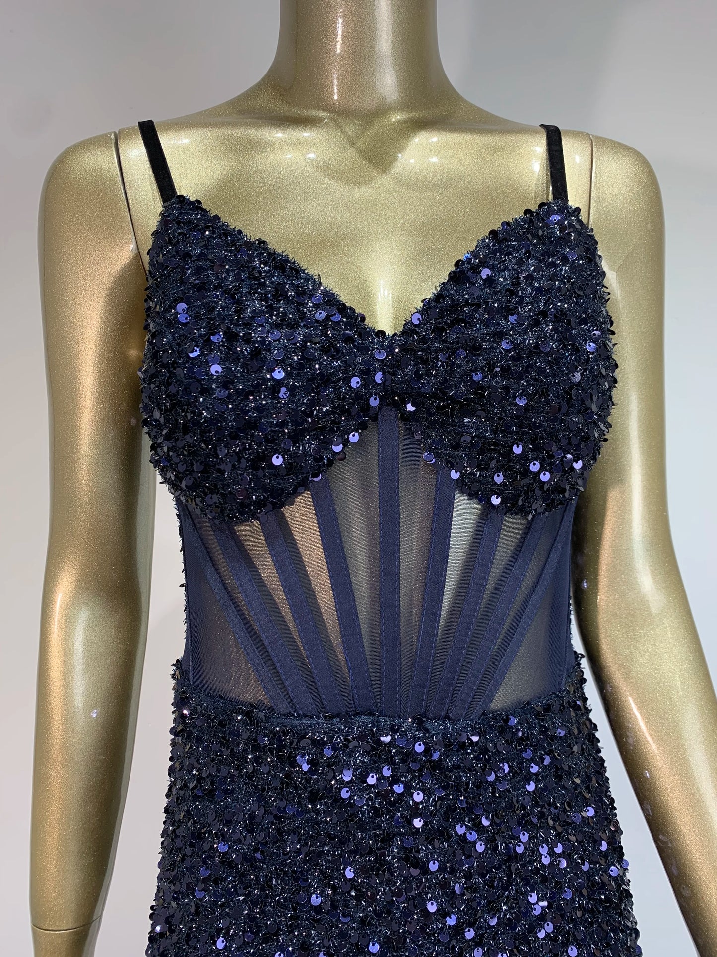 Mesh Sequins Blue Feather Long Dress