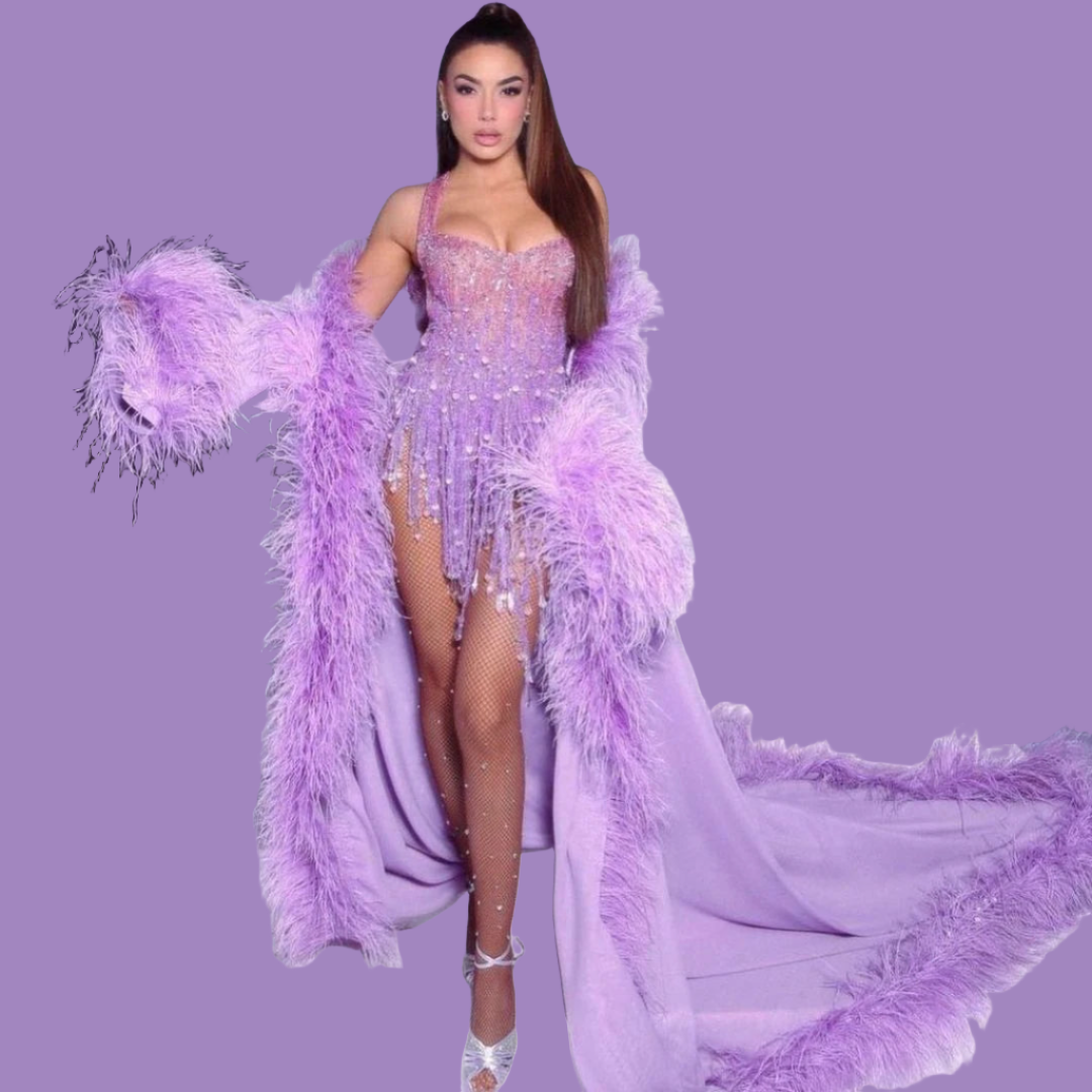 Feather Cloak Sleeves Open Back Prom Dress