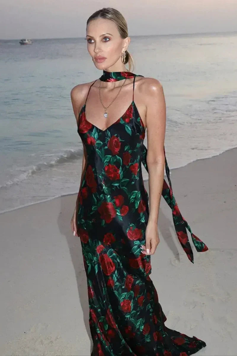 Floral Print Backless Maxi Dress