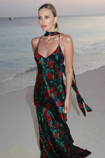 Floral Print Backless Maxi Dress