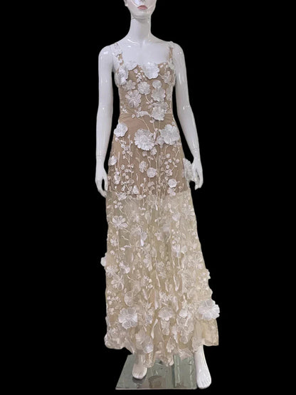 Floral Embroidered Mesh Maxi Dress