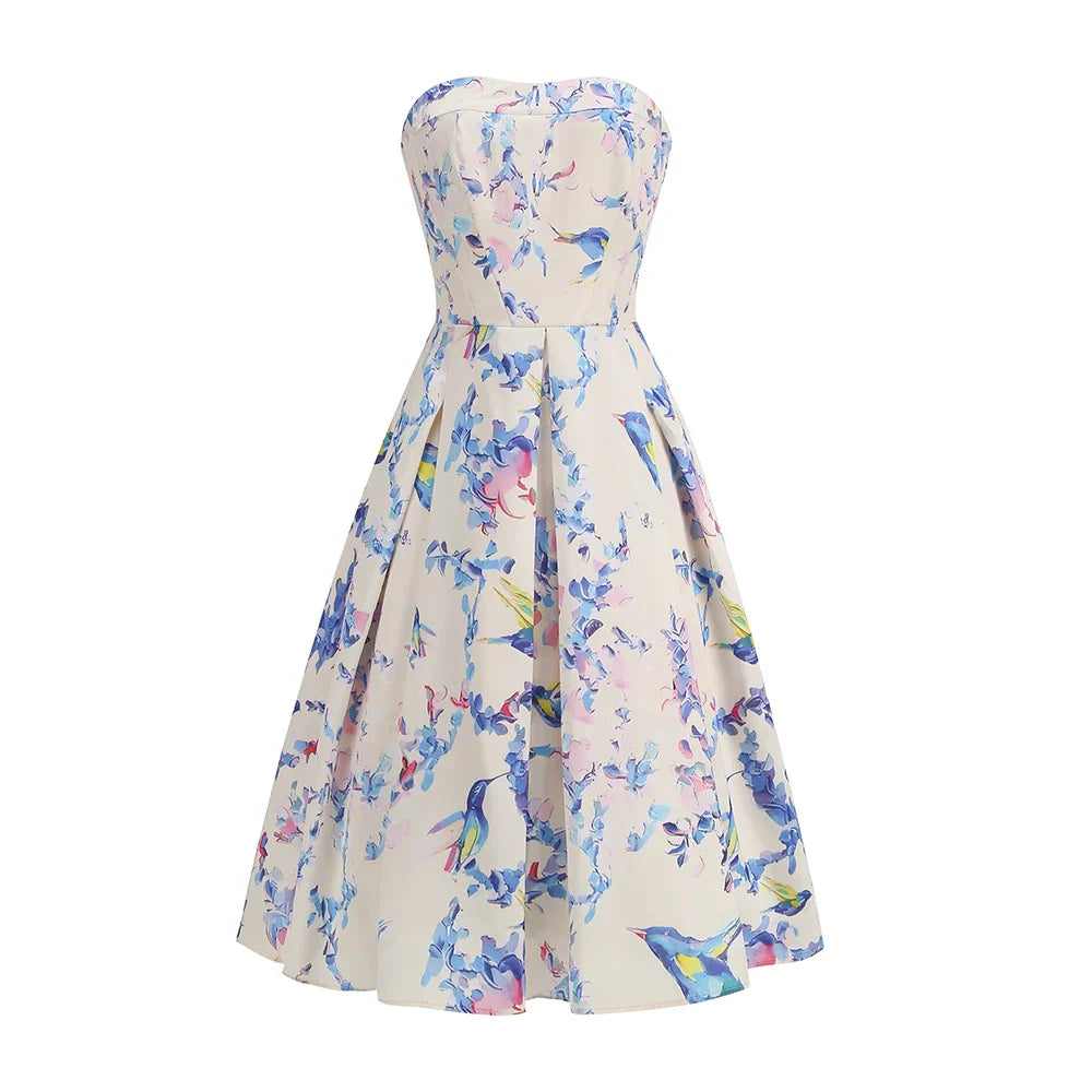Floral printed strapless back tied rope dress