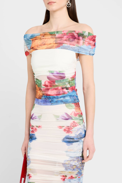 Searia Floral Off Shoulder Ruched Top & Midi Skirt Set