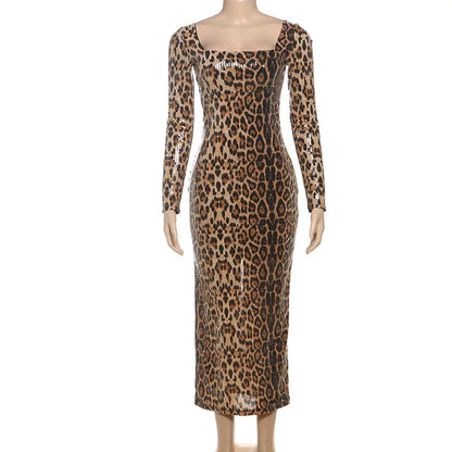 Women's Leopard Print Sequins Split Bodycon Dress