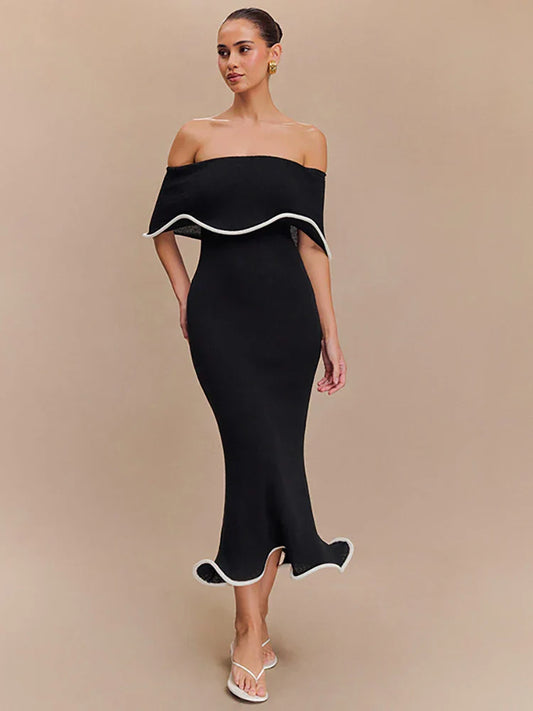 Strapless Ruffles Black Midi Dress