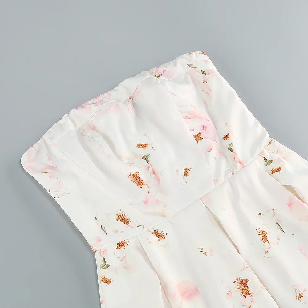 Floral printed strapless back tied rope dress