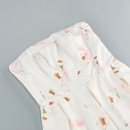 Floral printed strapless back tied rope dress