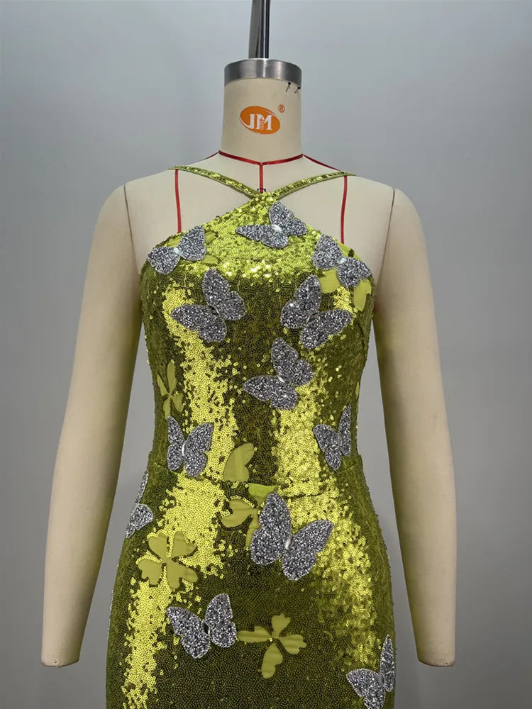 Sleeveless Mesh Sequins Butterfly Mini Dress