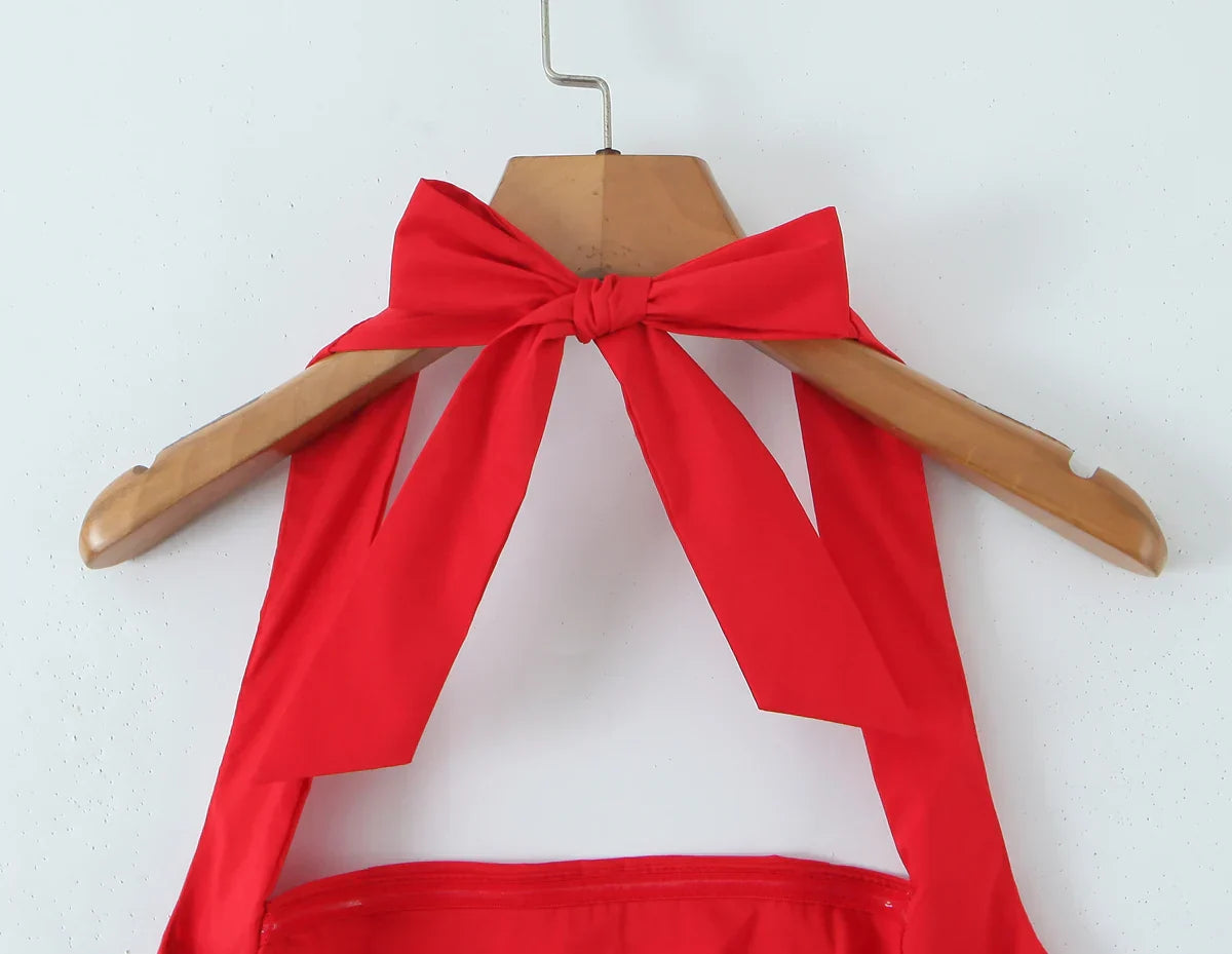 Bow Halter Slash Collar Lacing-Up Back Mini Dress