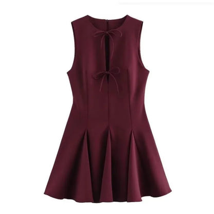 Hollow Out Bow Solid Sleeveless Pleated Dress