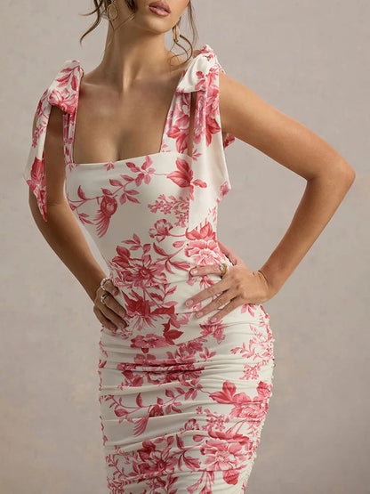 Floral Print Square Collar Midi Dress