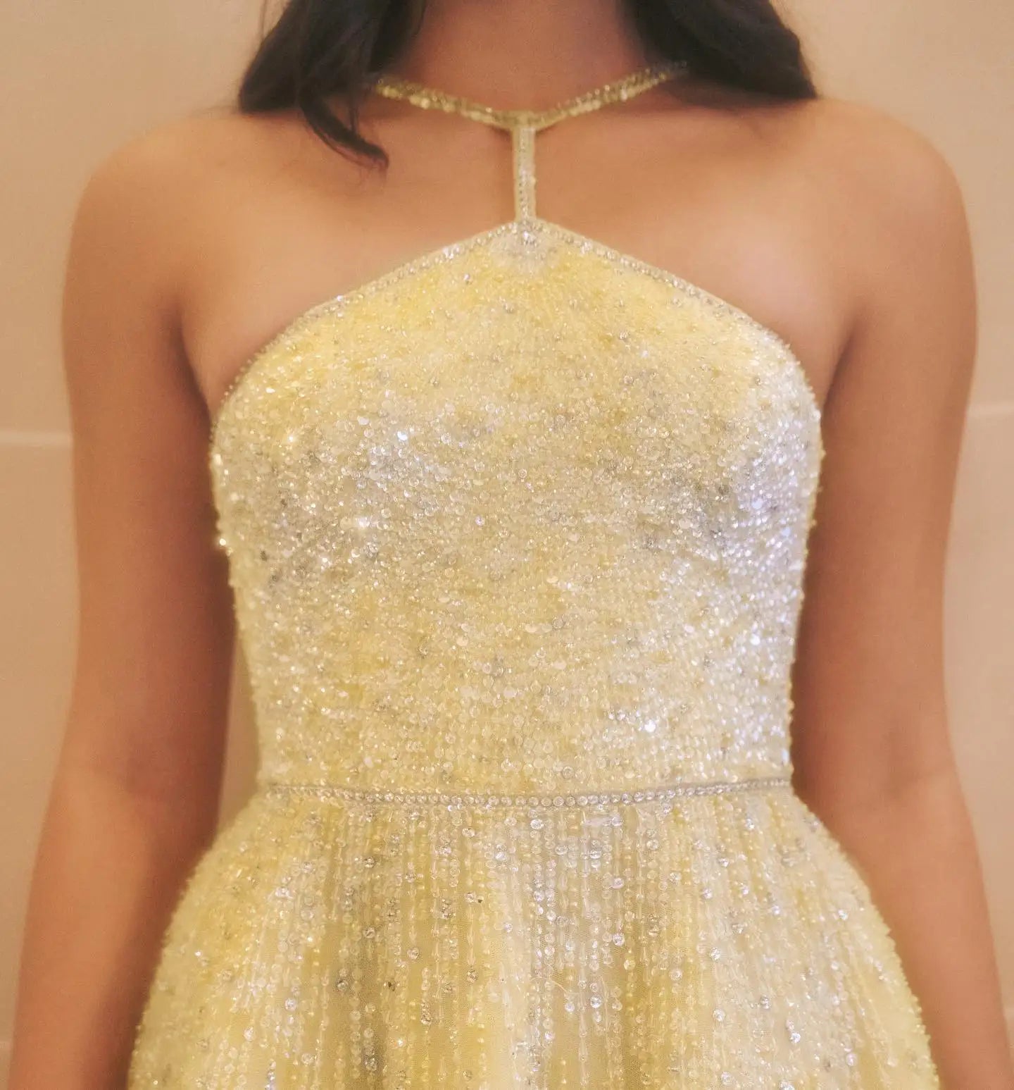 Beaded Yellow Halter Evening Dress with Gloves