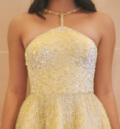 Beaded Yellow Halter Evening Dress with Gloves