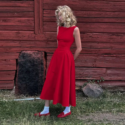 Straight Neck Sleeveless Flare Midi Dress