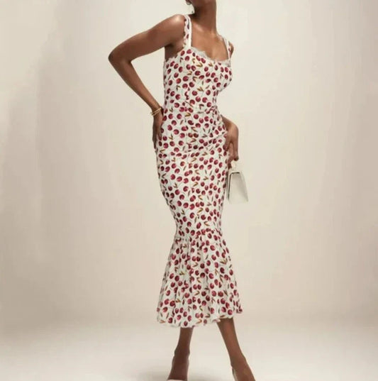 Cherry Print Ruffles Hem Trumpet Midi Dress