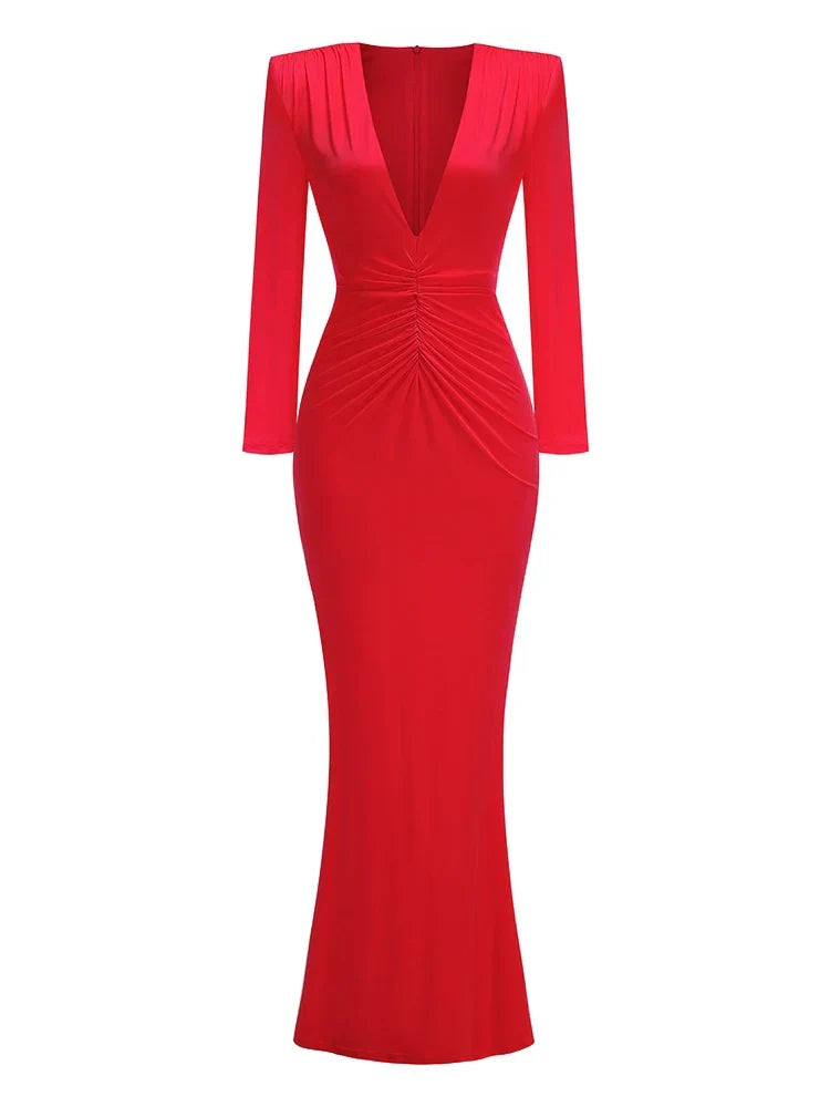 Folds Design Long Sleeve Pleated Maxi Dress