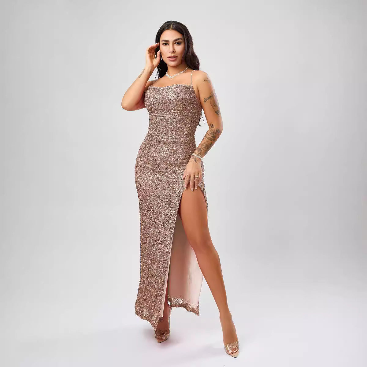 Sequin Formal Dress  Sleeveless Split Dress