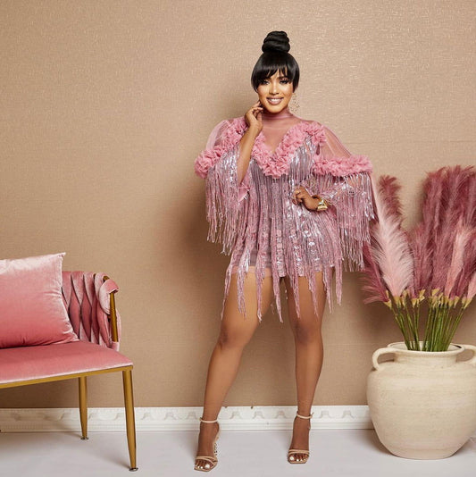 Sequined Tassel Evening Dress Short Sleeve Party