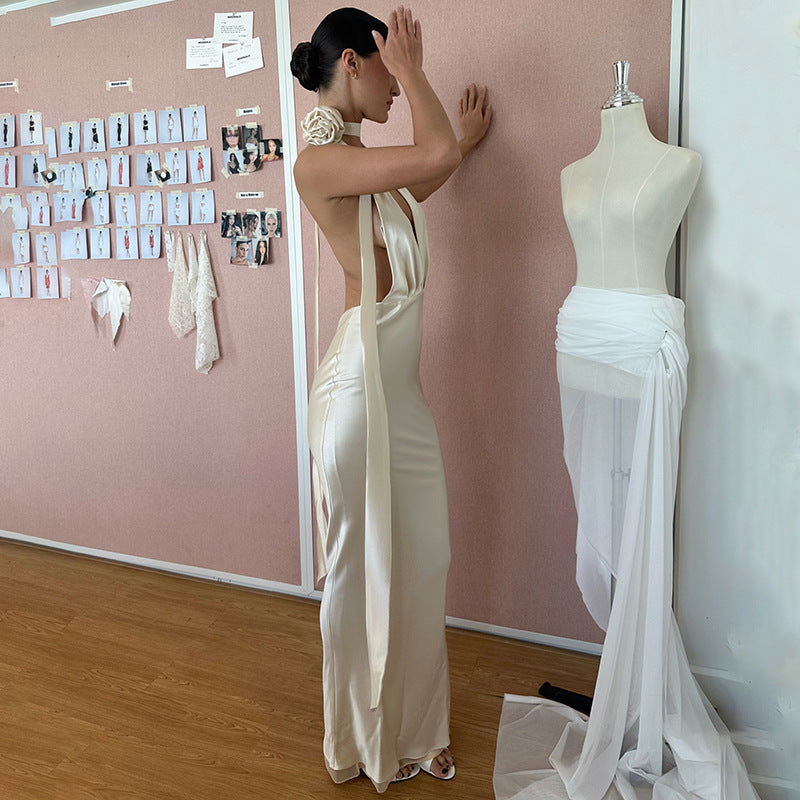 Solid Color Deep V Plunge neck Halter Lace up Backless Sheath Dress