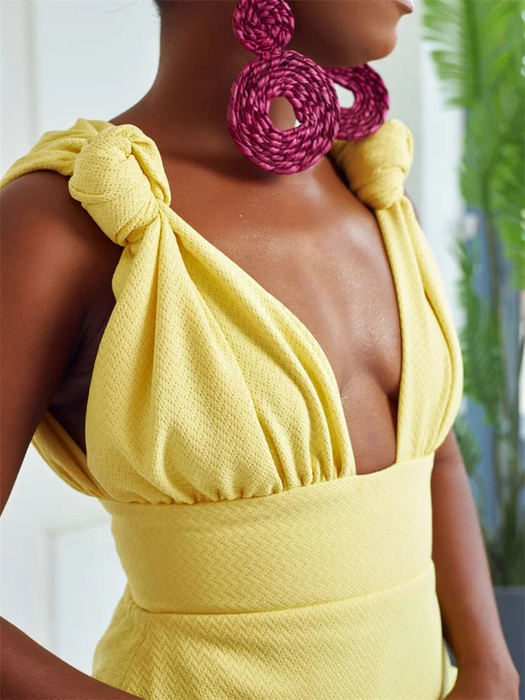 Women V Neck Solid Sleeveless Knot Mini Dress