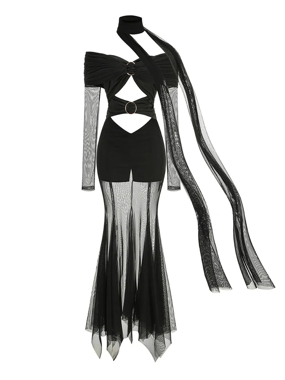 Off The Shoulder Mesh Folded Scarf Maxi Dress