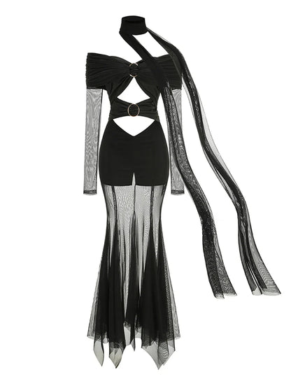 Off The Shoulder Mesh Folded Scarf Maxi Dress