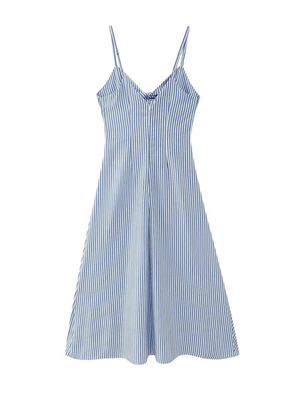Back Zip Blue Striped Spaghetti Strap Midi Dress
