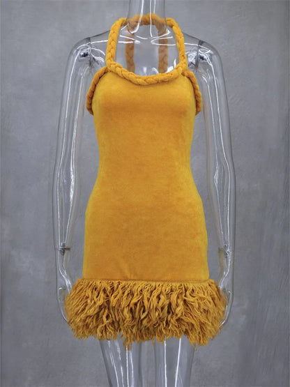 Fluff Patchwork Halter Mini Dress