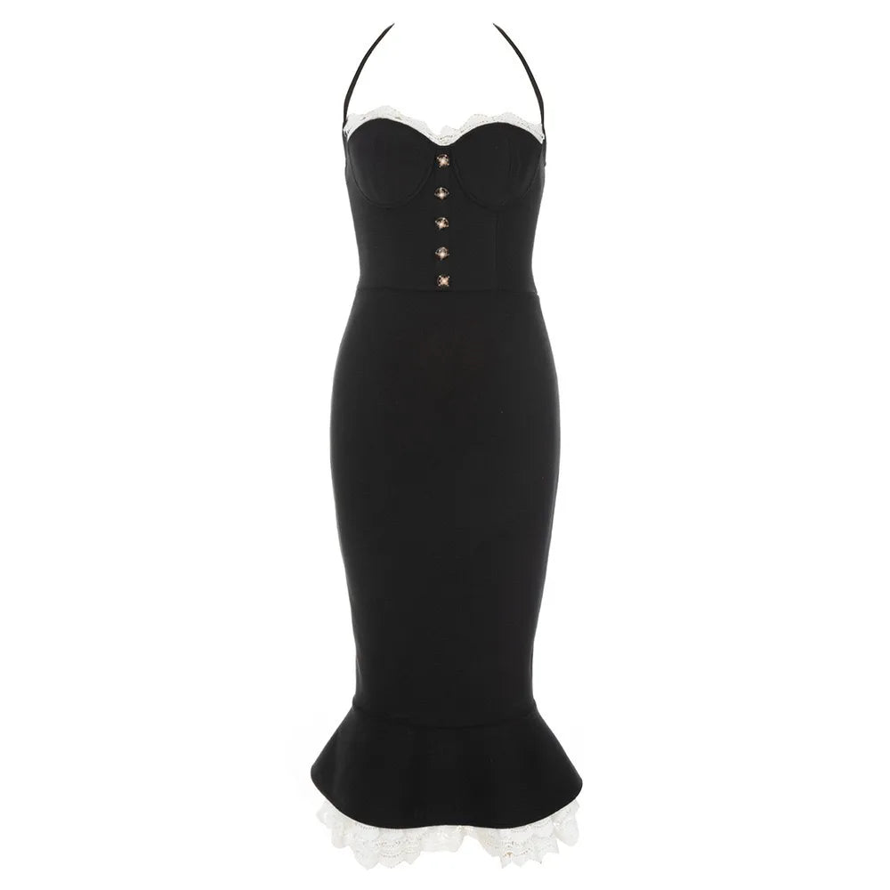 Black Lace Trumpet Spaghetti Strap Midi Dress