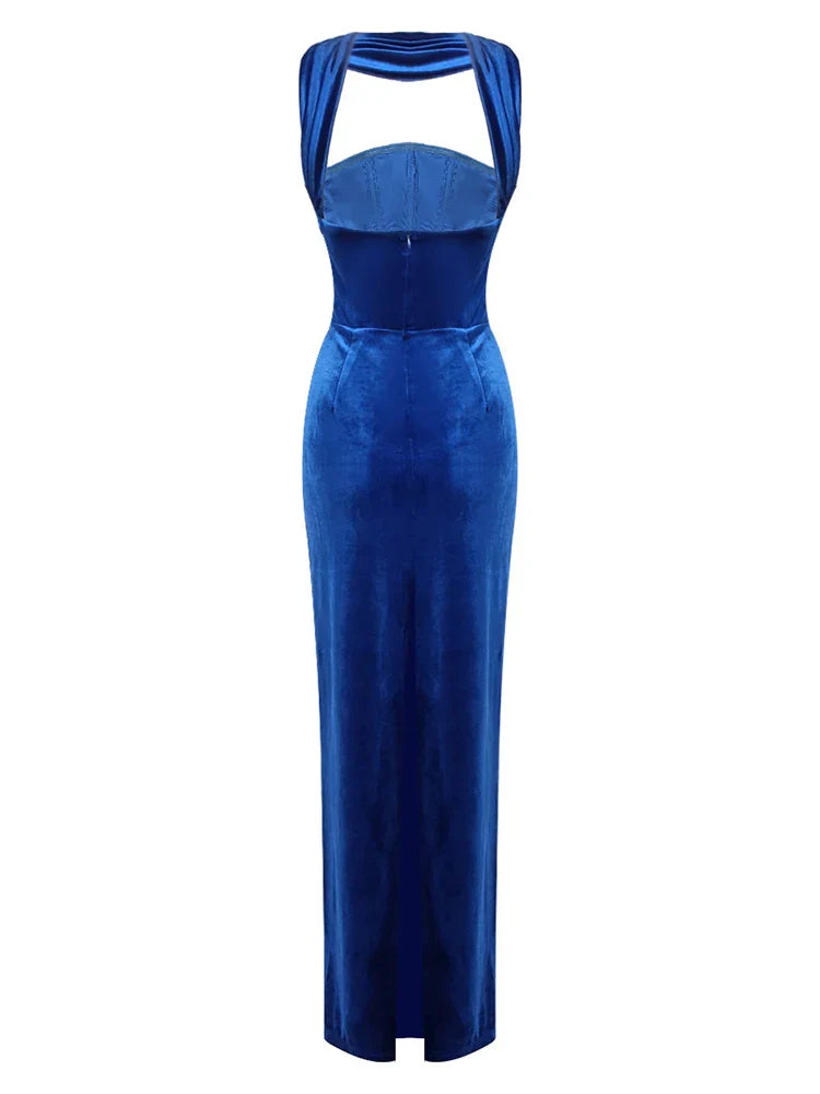 Blue Velvet Halter Sleeveless Maxi Dress