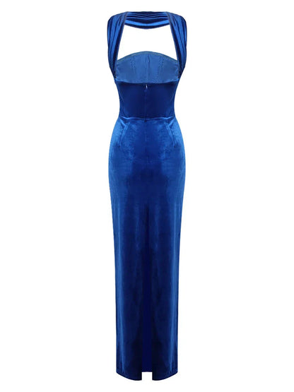 Blue Velvet Halter Sleeveless Maxi Dress