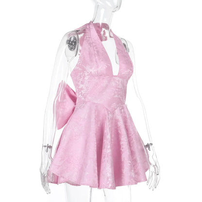 Women's Bow Deep V Halter Backless A-line Dress