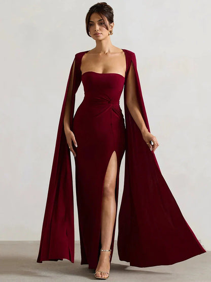Elegant Cape Sleeve Maxi Dress with High Split