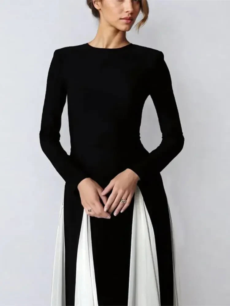 Pleated Patchwork Long Sleeve  Maxi Dress