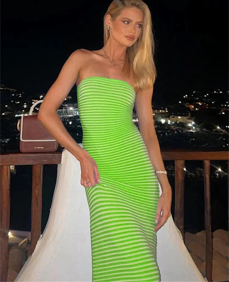 Knitted Striped Strapless Maxi Dress