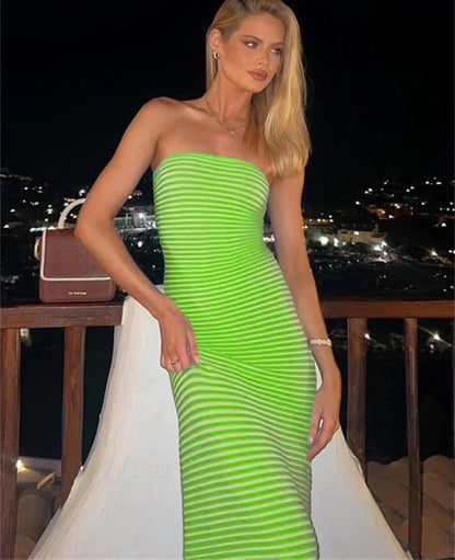 Knitted Striped Strapless Maxi Dress