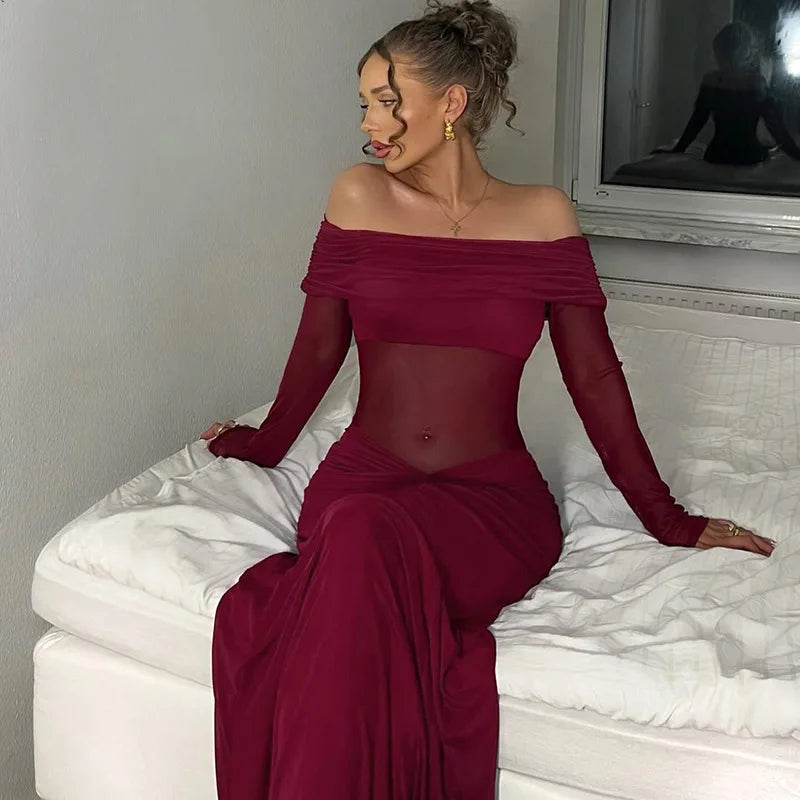 Elegant Backless High Waist  Mesh Patchwork Maxi Dress