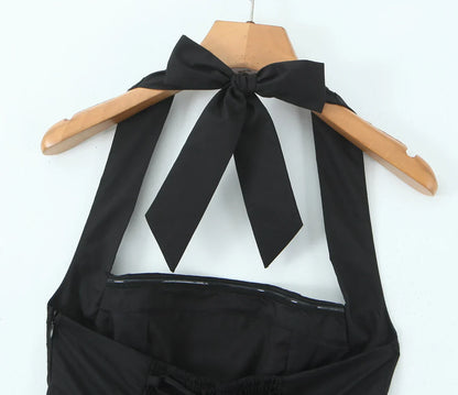 Bow Halter Slash Collar Lacing-Up Back Mini Dress