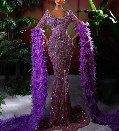 Mermaid Long Feather Sleeves Sequin Prom Dress