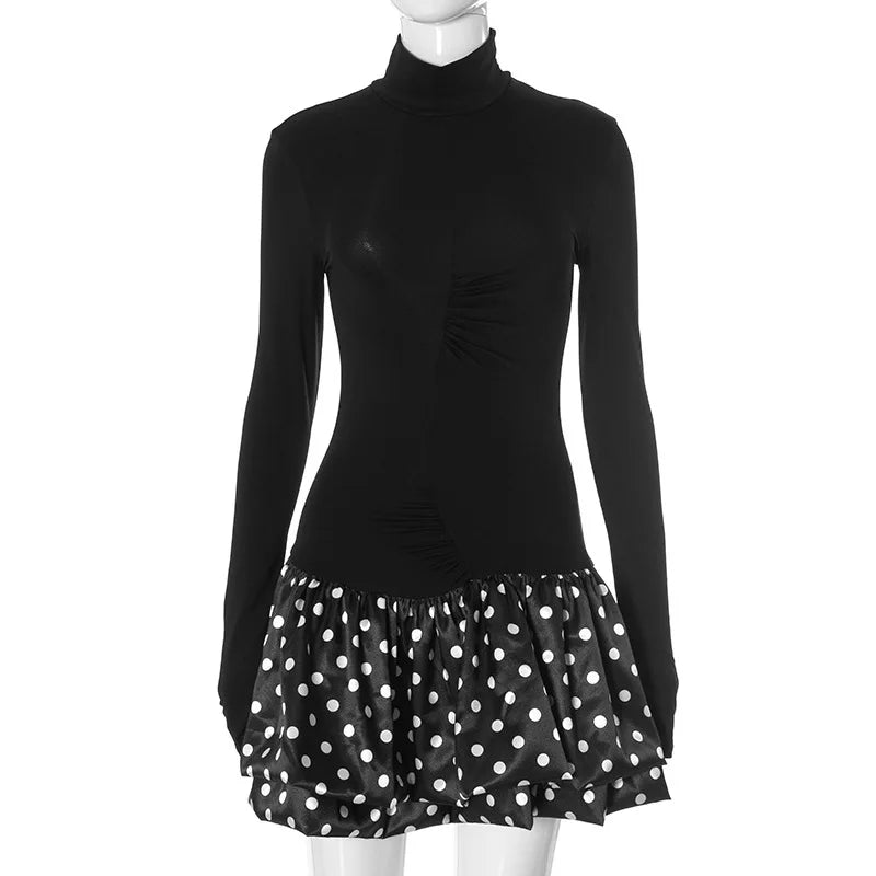 Turtleneck Patchwork Print Polka Dot Mini Dress