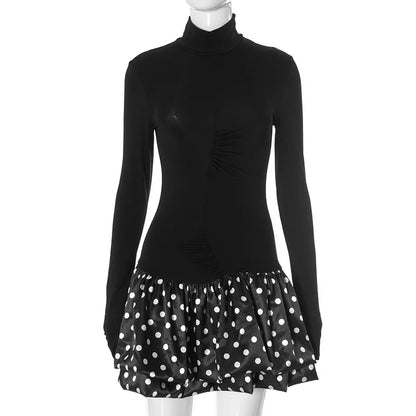 Turtleneck Patchwork Print Polka Dot Mini Dress