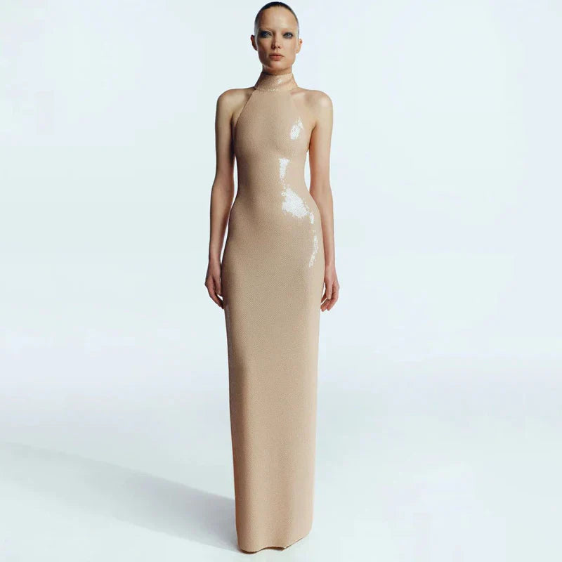 High neck bead wrapped hip skirt slit sequin dress