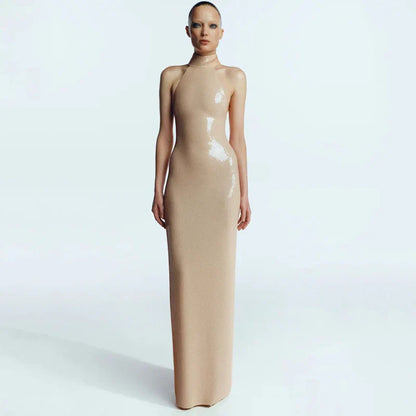 High neck bead wrapped hip skirt slit sequin dress