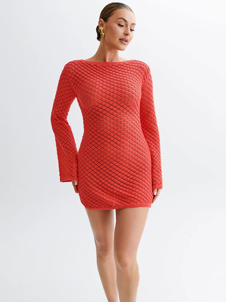 O-Neck Long Sleeve Knit Mini Dress