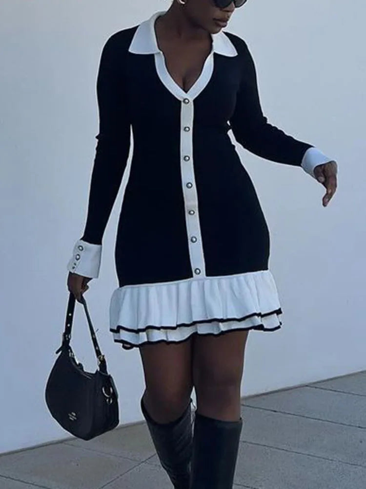 Ruffled Contrast Bow Open Back Lace-Up Knit Mini Dress