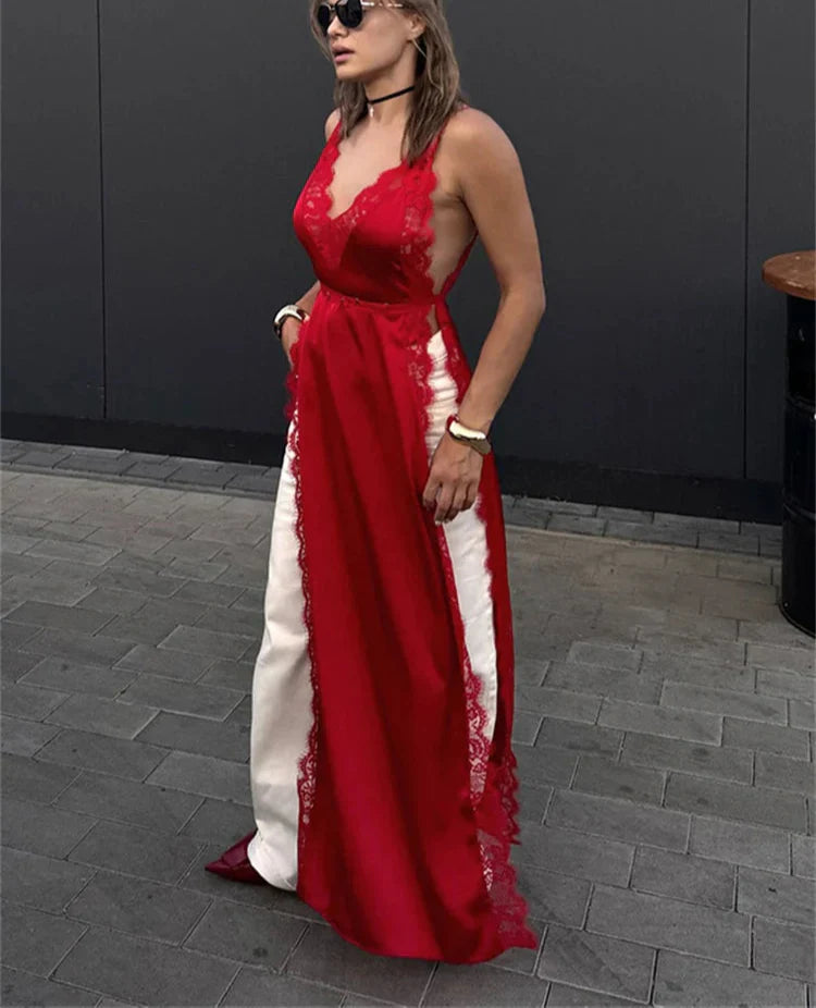 Lace Satin Patchwork High Split Maxi Dress