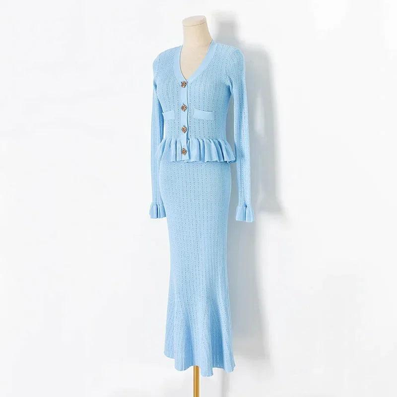Ruffle Knitted Long Sleeve Mermaid Midi Dress