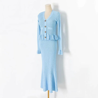 Ruffle Knitted Long Sleeve Mermaid Midi Dress