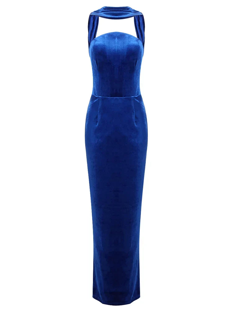 Blue Velvet Halter Sleeveless Maxi Dress
