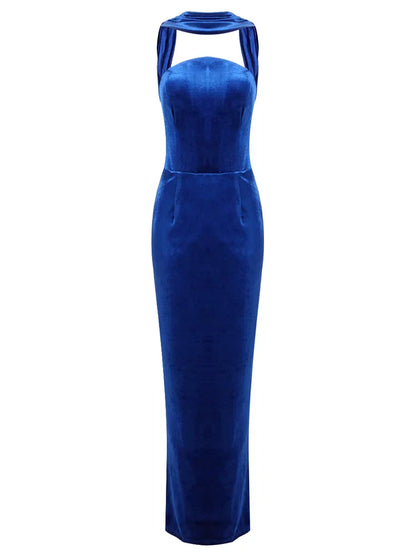 Blue Velvet Halter Sleeveless Maxi Dress